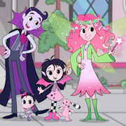 Colourful animation of a vampire dad and a fairy mum with two young children