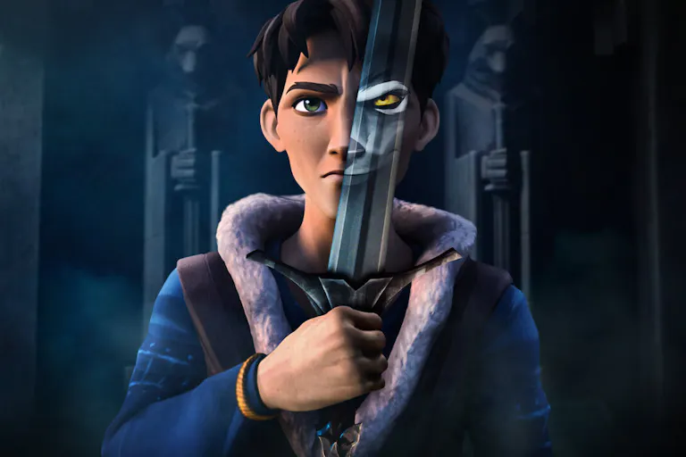 A teenage boy clutches a sword, holding it upright. The sword obscures half of his face and on the sword is part of the face of a wolf. Behind the boy stand two stone statues with the heads of wolves, each holding a sword in two hands.