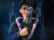 A teenage boy clutches a sword, holding it upright. The sword obscures half of his face and on the sword is part of the face of a wolf. Behind the boy stand two stone statues with the heads of wolves, each holding a sword in two hands.