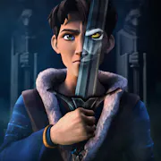 A teenage boy clutches a sword, holding it upright. The sword obscures half of his face and on the sword is part of the face of a wolf. Behind the boy stand two stone statues with the heads of wolves, each holding a sword in two hands.