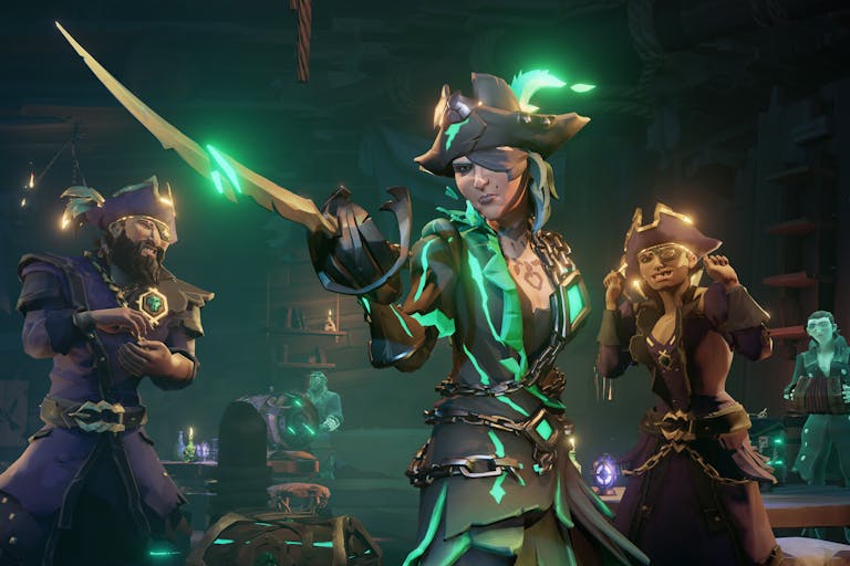 Gameplay of women and men pirates, illuminated by green strands of colour brandishing swords