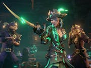 Gameplay of women and men pirates, illuminated by green strands of colour brandishing swords