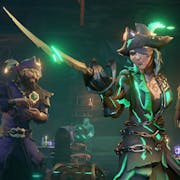 Gameplay of women and men pirates, illuminated by green strands of colour brandishing swords