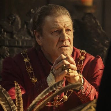A confronted looking middle aged white man in regal red Tudor clothing and gold necklace