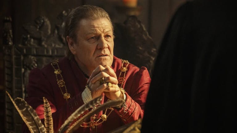 A confronted looking middle aged white man in regal red Tudor clothing and gold necklace