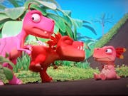 Colourful CGI animation of three small, cute pink and red dinosaurs