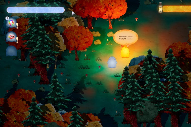 Beautiful, painting-esque gameplay of a dark, autumnal forest with rounded ghost figure and rounded glowing yellow character