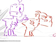 Line drawn sketch of three small dinosaurs, characters drawn in purple, orange and pink