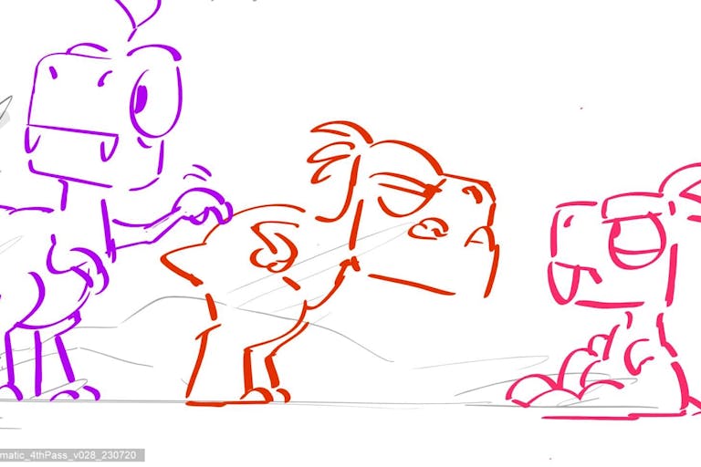 Line drawn sketch of three small dinosaurs, characters drawn in purple, orange and pink