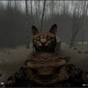 Dark and creepy gameplay of a dark striped cat close up to the camera in a gloomy woods