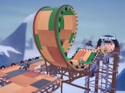 Gameplay of colourful patchwork driving track built into a loop on a rickety platform