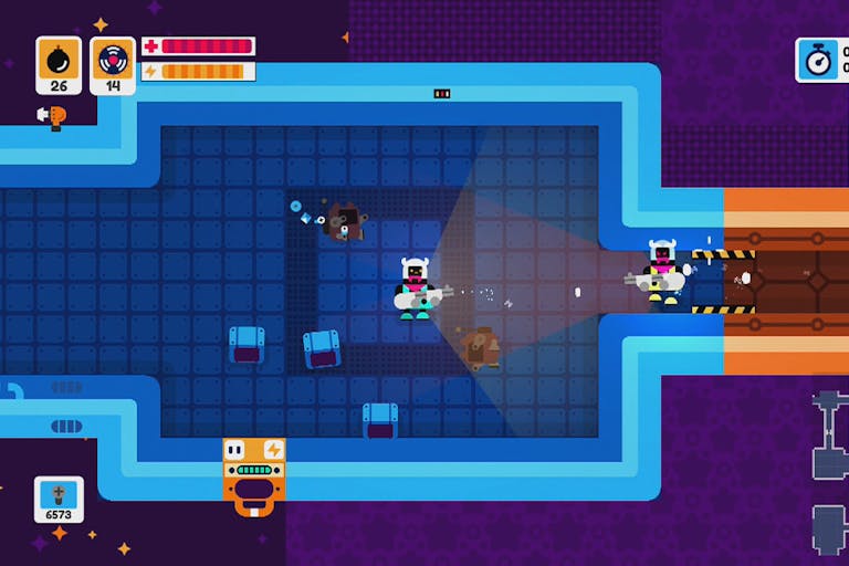 Colourful, simplistic gameplay from birds eye view of a blue room connecting into an orange room with small chararcters