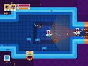 Colourful, simplistic gameplay from birds eye view of a blue room connecting into an orange room with small chararcters