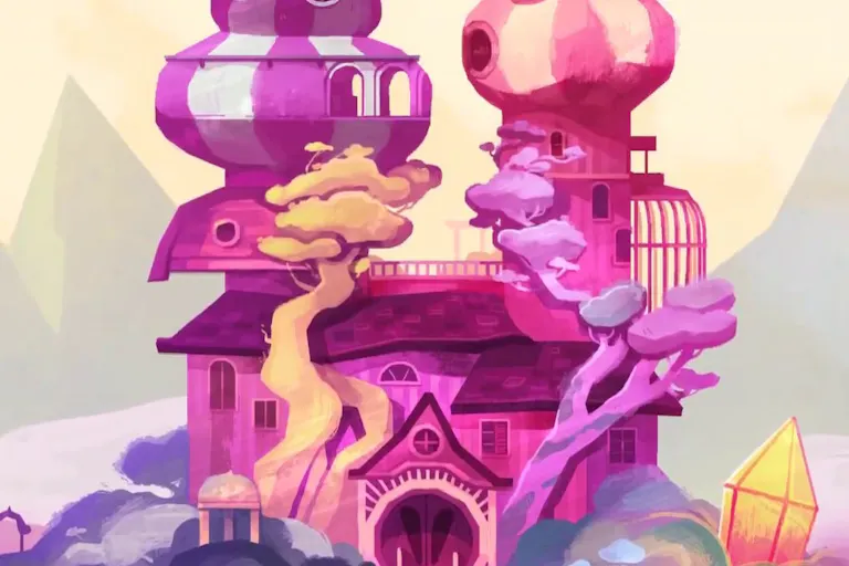 Bright pink and purple, watercolour style game still of a dreamy house with big round pods on top