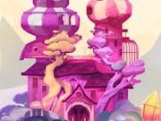 Bright pink and purple, watercolour style game still of a dreamy house with big round pods on top