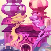 Bright pink and purple, watercolour style game still of a dreamy house with big round pods on top
