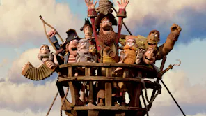 Claymation of a group of pirates atop a ship's wooden look out all cheering with their hands and objects in the air
