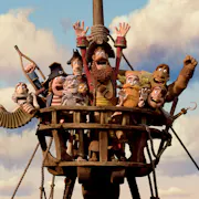 Claymation of a group of pirates atop a ship's wooden look out all cheering with their hands and objects in the air