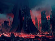 A dark futuristic skyscraper landscape lit up red