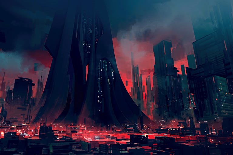 A dark futuristic skyscraper landscape lit up red