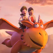 Animation of two characters riding on the back of a friendly looking red and orange dragon