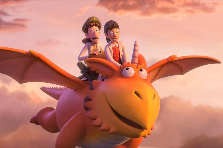Animation of two characters riding on the back of a friendly looking red and orange dragon