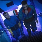 Three young white men walking up purple lit staircase, wearing tracksuits, one wearing an Irish tricolour balaclava