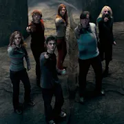 A group of young white people standing in a dark stone place, looking dishevelled pointing wands up in the air