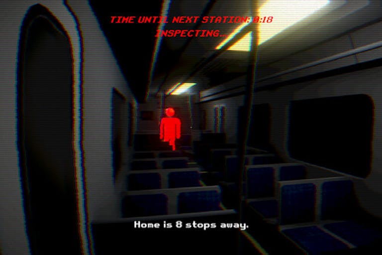 Gameplay of a dark train interior with a red pixelated human figure a few seats away