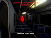Gameplay of a dark train interior with a red pixelated human figure a few seats away