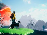 Gameplay of a woman character in winter outdoor clothing and a sheepdog, overlooking a grey woods landscape, with only the grass and trees near them are illuminated with colour