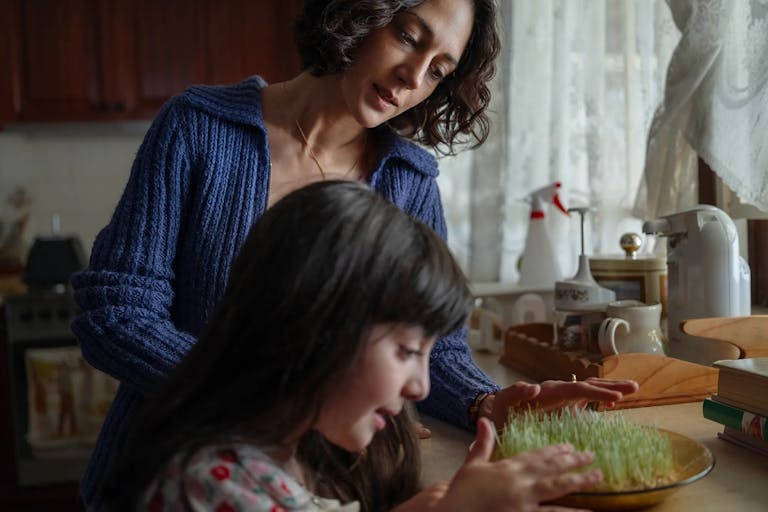 A young Iranian woman with a young Iranian girl at a kitchen counter tending to a small dish of growing plants
