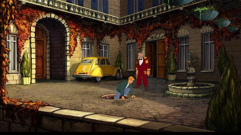 Animated gameplay of a young white man climbing out of a drain into a grand estate