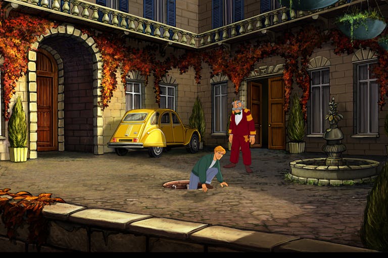 Animated gameplay of a young white man climbing out of a drain into a grand estate