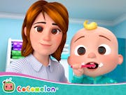 Cartoon of a white woman with brown hair next to a blonde baby brushing their teeth.