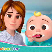 Cartoon of a white woman with brown hair next to a blonde baby brushing their teeth.