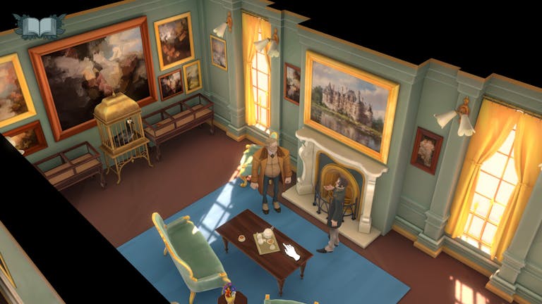 Birds eye view gameplay in a grand manor house room lined with paintings occupied by two white men