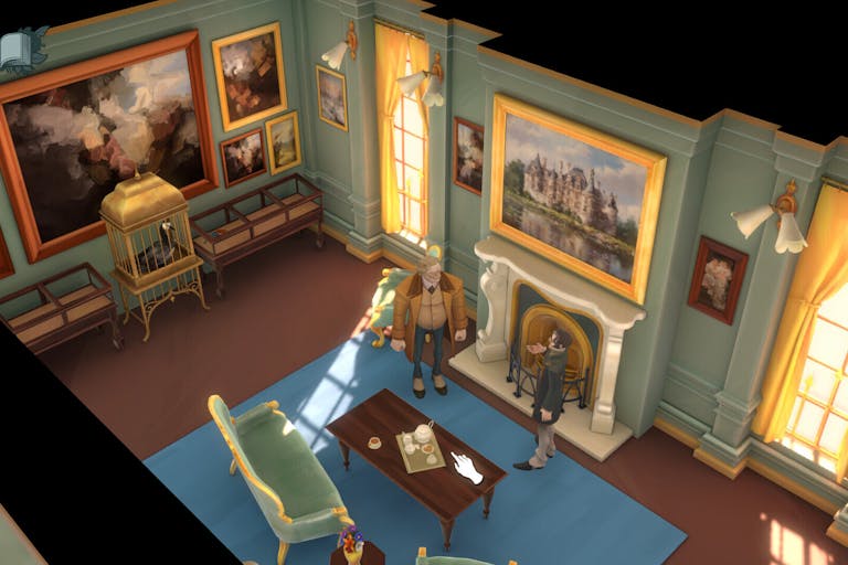Birds eye view gameplay in a grand manor house room lined with paintings occupied by two white men