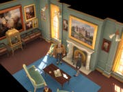 Birds eye view gameplay in a grand manor house room lined with paintings occupied by two white men