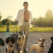 A white man with open button down shirt holding the leads of 5 dogs, standing in a country estate garden