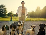 A white man with open button down shirt holding the leads of 5 dogs, standing in a country estate garden