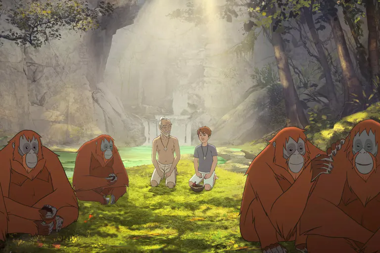 A serene forest with orangutans, an old Japanese man and a young white boy sit in the middle of the clearing
