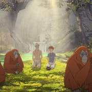 A serene forest with orangutans, an old Japanese man and a young white boy sit in the middle of the clearing