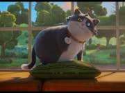 Animation of a dark grey and white round, plump cat on a green cushion on a windowsill