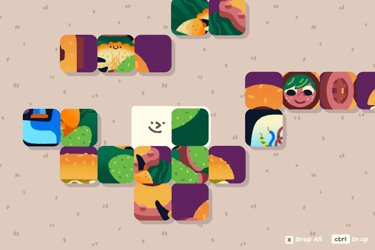 Colourful gameplay of a jigsaw puzzle game with rounded square tiles laid out in lines mismatched
