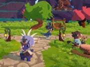 Colourful cartoonish gameplay animation of dinosaurs and other animals in a green space