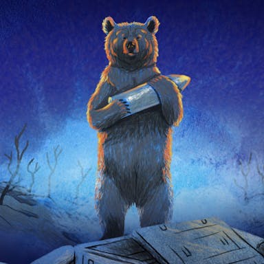 Beautiful drawn animation of a brown bear on hind legs carrying a metal cylinder with tones of a dark blue night behind