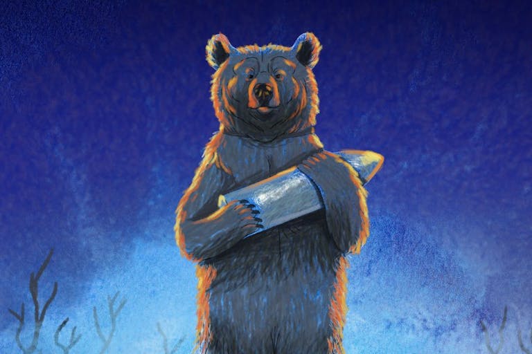 Beautiful drawn animation of a brown bear on hind legs carrying a metal cylinder with tones of a dark blue night behind