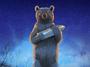 Beautiful drawn animation of a brown bear on hind legs carrying a metal cylinder with tones of a dark blue night behind