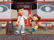 Animation of a white man in chef clothes and a young white girl high fiving outside a restaurant with red window frames